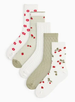 Khaki & Strawberry Print Socks 5 Pack 4-8