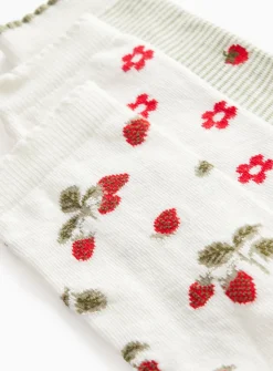 Khaki & Strawberry Print Socks 5 Pack 4-8