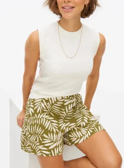 Khaki Leaf Printed High Waist Shorts M