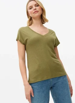 Khaki Linen Blend V Neck T-Shirt L