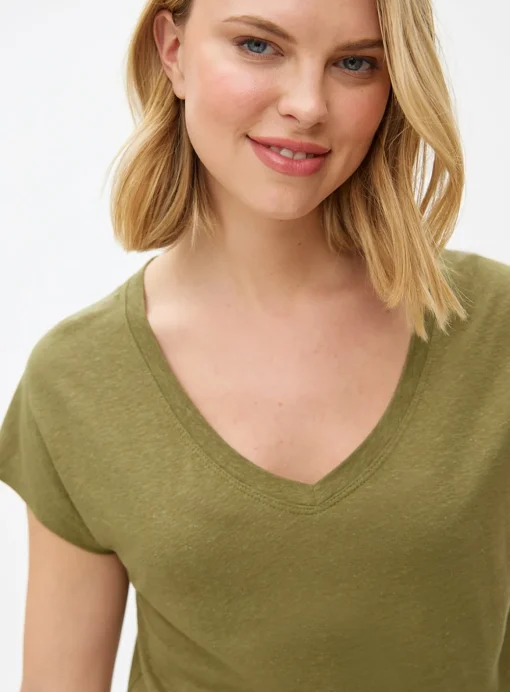 Khaki Linen Blend V Neck T-Shirt L
