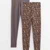 Leopard Print & Plain Leggings 2 Pack L