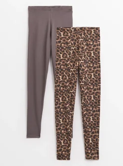 Leopard Print & Plain Leggings 2 Pack L