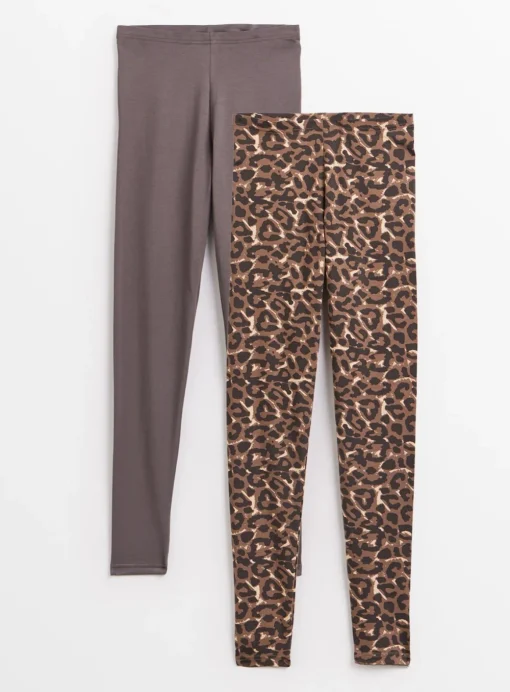 Leopard Print & Plain Leggings 2 Pack L
