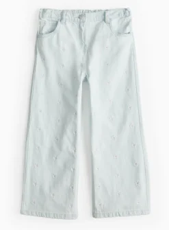 Light Blue Flower Embroidered Wide Leg Jeans 5 years