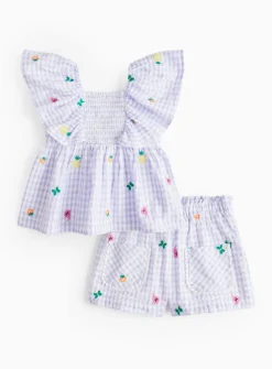 Lilac Gingham Embroidered Top & Shorts Set 6-7 years