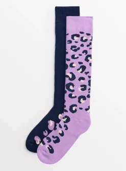 Lilac Leopard Print Welly Socks 2 Pack 4-8