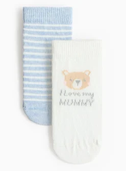 Love Mummy Slogan Blue Socks 2 Pack 12-24 months