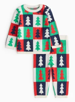 Matching Family Baby Navy Christmas Tree Checkerboard Knitted Set 3-6 months