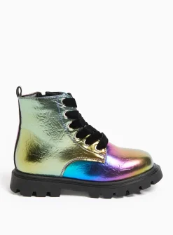 Metallic Iridescent Design Lace-Up Boots 9 Infant