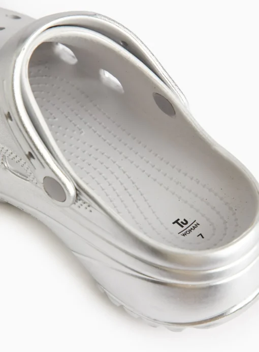 Metallic Silver Ankle Strap Chunky Clogs 5