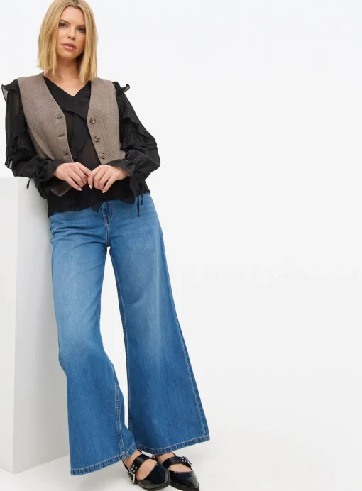 Mid Rinse Flared Palazzo Denim Jeans 18L