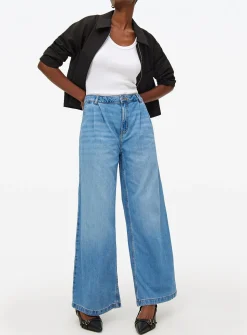 Mid Rinse Pleated Ultra Wide Leg Denim Jeans 10R