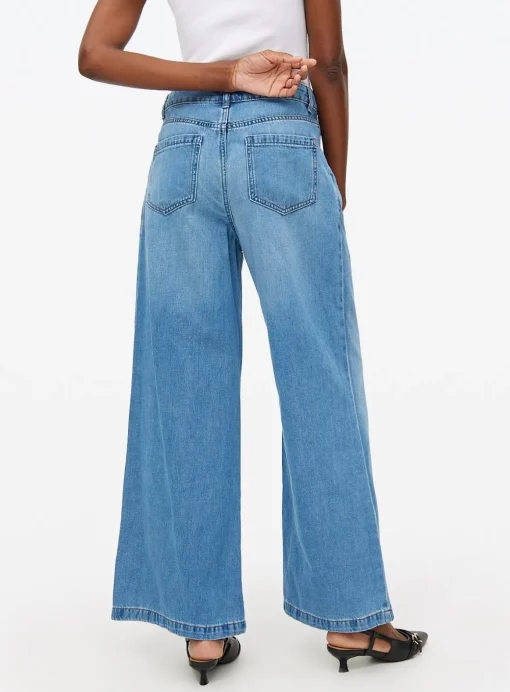 Mid Rinse Pleated Ultra Wide Leg Denim Jeans 10R
