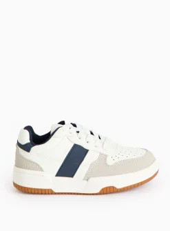 Mini Me White Contrast Navy Faux Leather Trainers 10 Infant