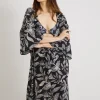 Mono Leaf Print Long Line Cover Up XS