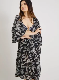 Mono Leaf Print Long Line Cover Up XS