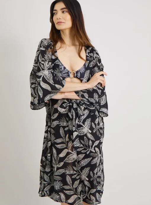 Mono Leaf Print Long Line Cover Up XS