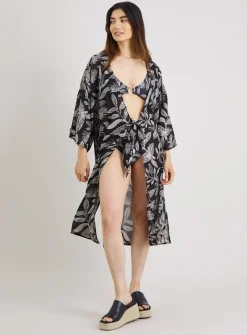 Mono Leaf Print Long Line Cover Up XS