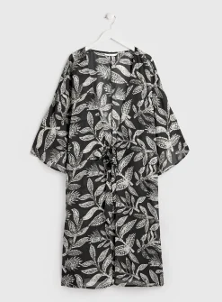 Mono Leaf Print Long Line Cover Up XS