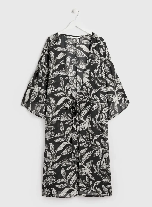 Mono Leaf Print Long Line Cover Up XS