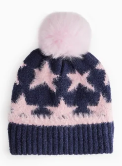 Navy & Pink Star Print Eyelash Faux Fur Beanie 3-5 years