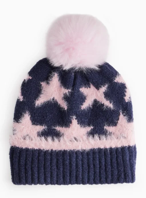 Navy & Pink Star Print Eyelash Faux Fur Beanie 3-5 years