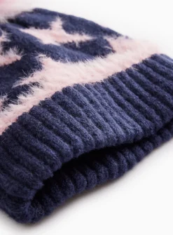 Navy & Pink Star Print Eyelash Faux Fur Beanie 3-5 years