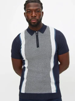 Navy & White Vertical Stripe Polo Shirt M