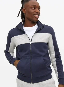 Navy Colour Block Zip Funnel Sweatshirt M