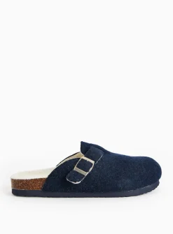 Navy Felt Buckle Detail Clog Slippers M