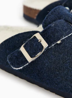 Navy Felt Buckle Detail Clog Slippers M