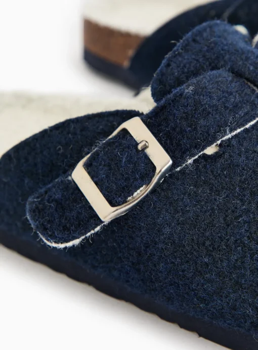 Navy Felt Buckle Detail Clog Slippers M
