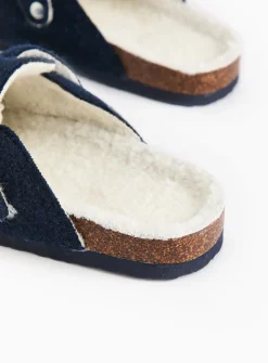 Navy Felt Buckle Detail Clog Slippers M