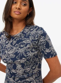 Navy Floral Sketch Printed Slim Fit T-Shirt 10