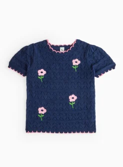 Navy Flower Embroidered Knitted Top 5 years