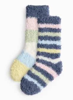 Navy Fluffy Stripe Cosy Socks 2 Pack 9-12