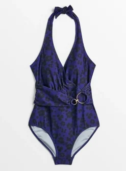 Navy Leopard Print Wrapover Belted Swimsuit 26