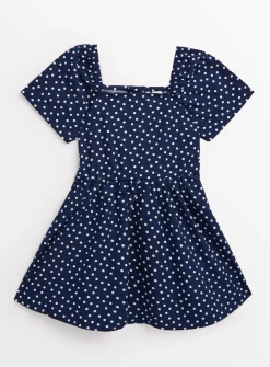 Navy Polka Dot Puff Sleeve Poplin Dress 1-2 years