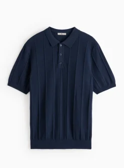 Navy Ribbed Stripe Polo Shirt M