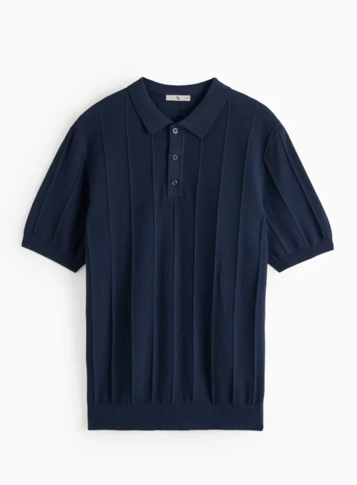 Navy Ribbed Stripe Polo Shirt M