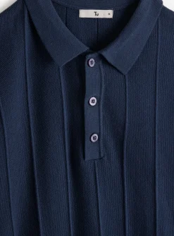 Navy Ribbed Stripe Polo Shirt M