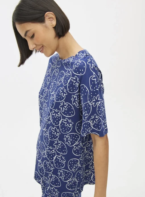 Navy Strawberry Print Co-ord Pyjama Top S