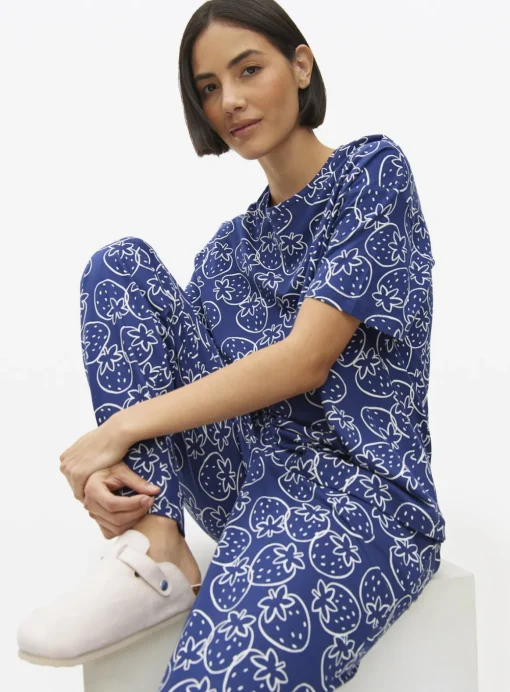 Navy Strawberry Print Co-ord Pyjama Top S