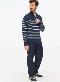 Navy Stripe Knitted Quarter Zip Jumper L