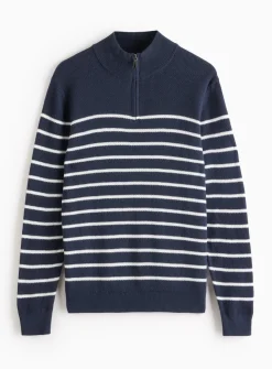 Navy Stripe Knitted Quarter Zip Jumper L