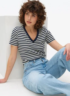Navy Stripe Ribbed V Neck T-Shirt 10