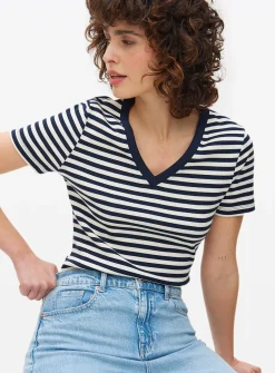 Navy Stripe Ribbed V Neck T-Shirt 10
