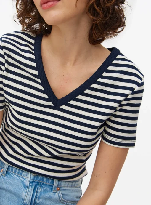Navy Stripe Ribbed V Neck T-Shirt 10