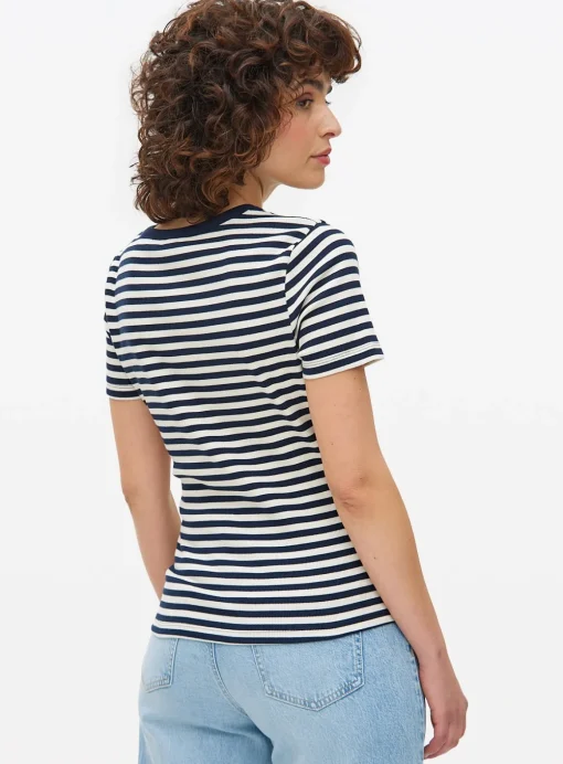 Navy Stripe Ribbed V Neck T-Shirt 10